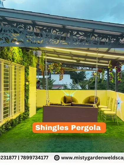 A modern terrace can be a green oasis. This project features a waterproof shingles pergola, a lush vertical garden, and artificial grass, creating a vibrant and relaxing outdoor lounge area that is both stylish and low maintenance.