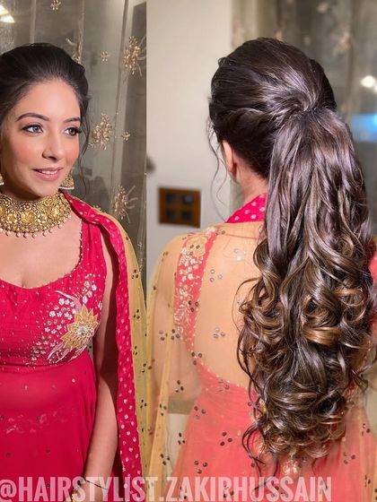 A beautiful high ponytail with cascading curls, perfect for a reception or engagement party. This collage shows the style from the front and back, highlighting its glamour.