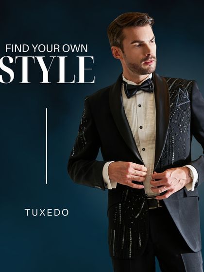 Find your style with a statement tuxedo. This image highlights a bespoke black tuxedo with unique embellishments, perfect for making a personal style statement at any formal event.