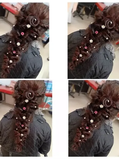 This collage showcases the detail that goes into our hairstyling module. Our students learn to create complex braids and updos, mastering techniques for sectioning, weaving, and accessorizing with pins for a flawless finish.