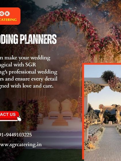 A grand floral archway frames the entrance to an outdoor wedding, setting a magical tone for the event. Our professional planners ensure every detail is designed with love and care.