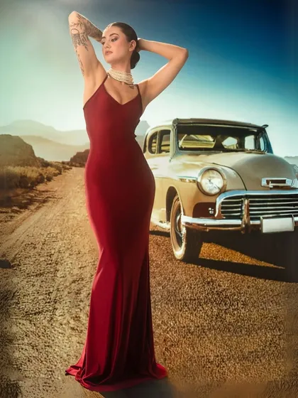 I love telling stories with my images. Here, I used rear projection to create the dusty romance of an open road and a vintage car, transforming the frame into a narrative of adventure and elevating fashion into pure visual wonder.