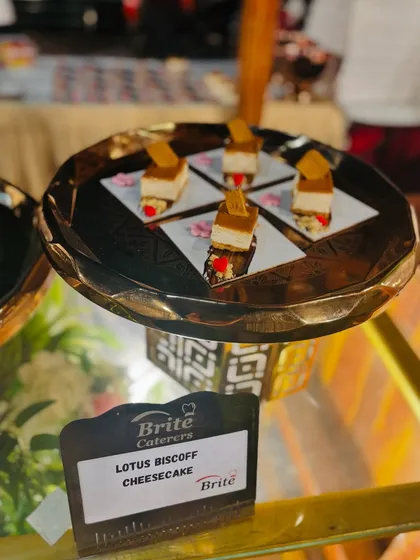 Bite-sized portions of Lotus Biscoff Cheesecake, elegantly arranged on a serving platter.