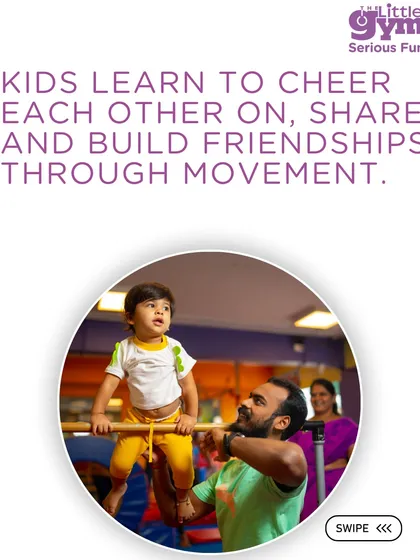 An instructor helps a toddler on the bar, demonstrating the trust and encouragement that is central to my teaching. Kids learn to cheer each other on and build friendships through movement.