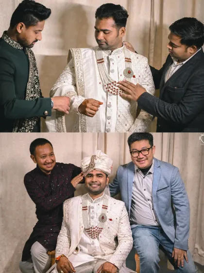 The groom's getting-ready moments, with his friends helping him with his sherwani and safa.