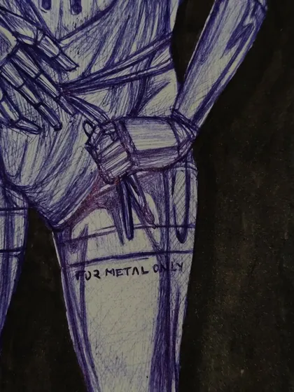 A detail of the cyborg's leg, where I added the text 'FOR METAL ONLY', a nod to my heavy metal influences.