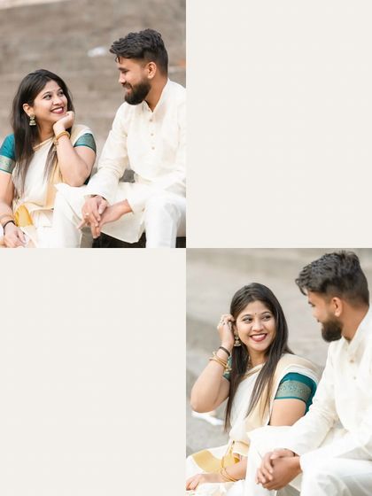 A collection of close-up, candid moments from the Banganga shoot. These images focus on the sweet glances and happy smiles shared between the couple, highlighting their genuine connection in a traditional setting.