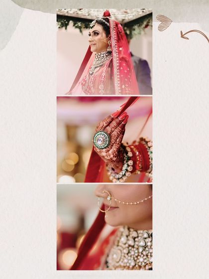 A collage of detail shots: the bride's side profile, her henna-adorned hand, and her nose ring. Every detail is perfected.