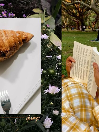 A quiet moment with a book in a park, paired with a croissant and coffee.