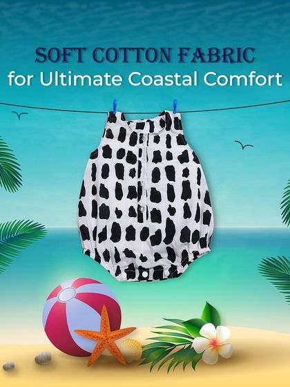 Our 'Rocky' print romper is made from soft cotton fabric for ultimate coastal comfort. This graphic highlights its beach-ready style.