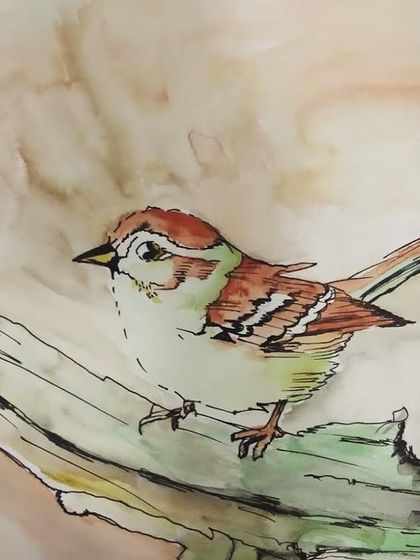 A delicate watercolour painting of a bird perched on a branch. This piece showcases the use of fine lines and soft colour washes to create a gentle, natural look.