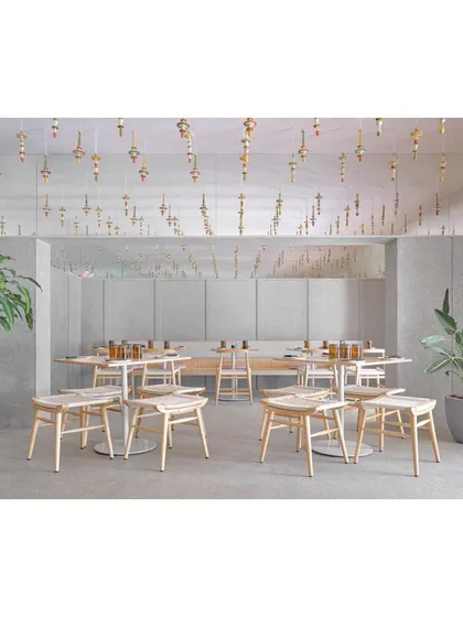 At Lucky Chan, we used a ceiling installation of 180 handcrafted Channapatna modules to create a playful, immersive environment. The reflection in the mirrored beams creates an infinite pattern, transforming the ceiling into a key feature of this modern dim sum and sushi parlour.