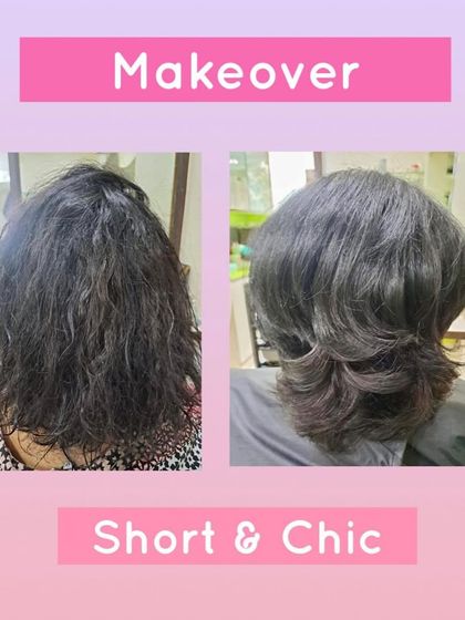 A before-and-after of a short and chic haircut. This transformation takes hair from frizzy and undefined to a smooth, shaped style with layers for volume.