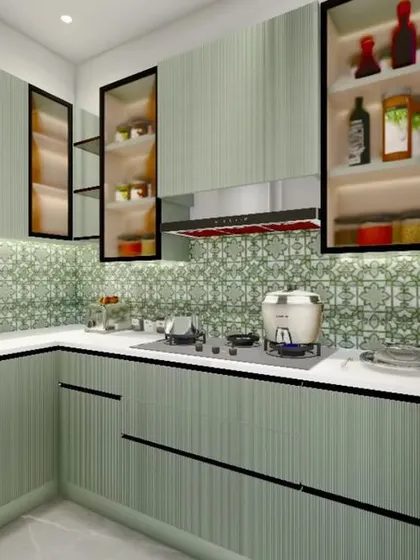 A close-up view near the stove, showing the practical layout. Everything you need for cooking is within easy reach, making the space highly efficient.