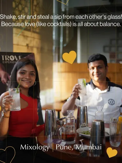 A couple shares a smile and a cocktail during our mixology workshop in Pune. Our experiences are a popular choice for a date night that’s more interactive and memorable than just dinner and drinks.