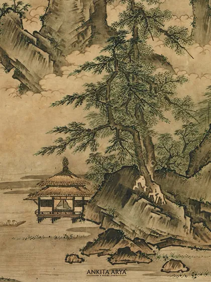 A detailed look at the serene, Chinese-inspired landscape artwork printed on the glass table. The delicate brushwork and composition create a sense of calm and elegance.