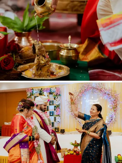 Capturing the sacred rituals of a Marathi lagna. The top frame shows the Ganesh puja, while the bottom frame captures a family member blessing the newly married couple.