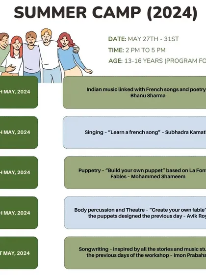 The detailed schedule for our 2024 Summer Camp for teens (13-16 years), including Indian music, French songs, puppetry, and body percussion.