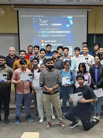A group photo with the talented participants of our IoT and robotics workshop at IIT Delhi. It's inspiring to see so much enthusiasm for building the future of technology.