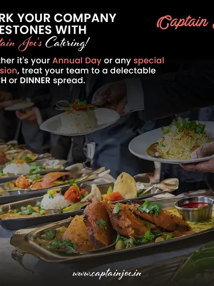 A glimpse of a delectable spread for a company's Annual Day celebration. Our buffet setups are designed to impress, featuring a wide variety of dishes presented in professional chafing dishes to keep the food perfect for your team.