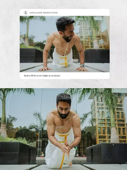 A fun and unexpected shot of the groom doing push-ups before his ceremony, showing his personality.