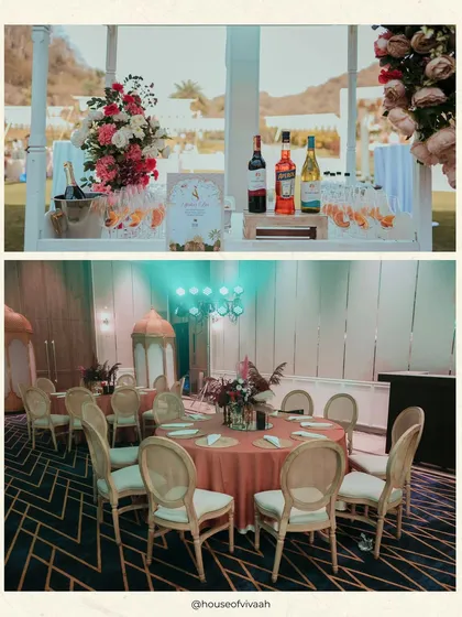 A split view showing a fresh, floral-adorned welcome bar for a daytime event and an elegant indoor dining setup with classic chairs and a simple centerpiece.