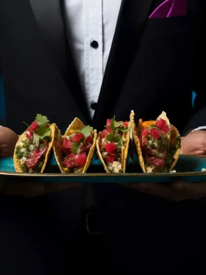 A server in a tuxedo presenting a platter of freshly made tacos. This image captures the essence of my service: elegant, professional, and always delicious.