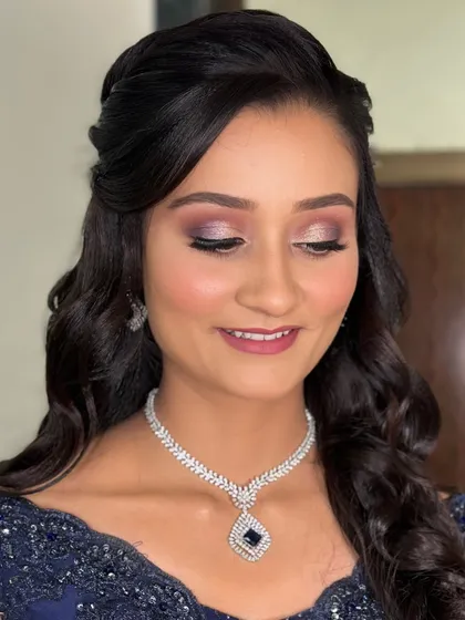 A close-up of the party makeup, showing the beautiful blend of eyeshadows and the flawless skin finish.