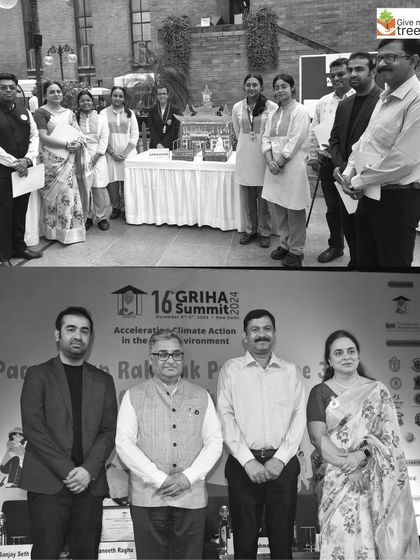Dignitaries and student winners pose at the Paryavaran Rakshak Programme. Recognizing and rewarding young innovators encourages more students to participate.