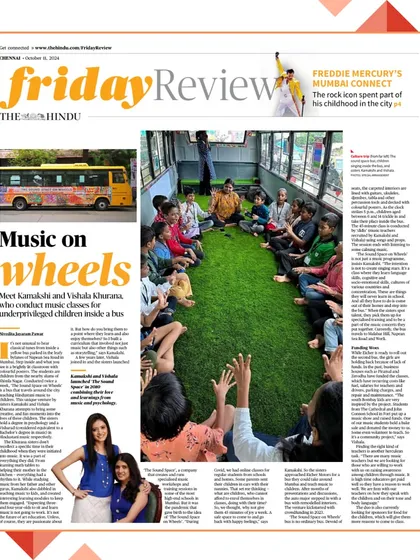 Our 'Music on Wheels' initiative featured in The Hindu's Friday Review, highlighting our work with underprivileged children inside the bus.