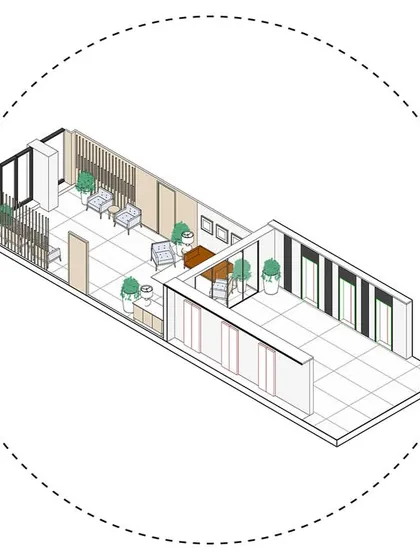 A detailed axonometric drawing focusing on the entrance and waiting lounge, showing the furniture arrangement and flow of the space.
