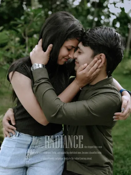 An intimate embrace, their faces close, radiating warmth and love in this beautiful outdoor portrait.