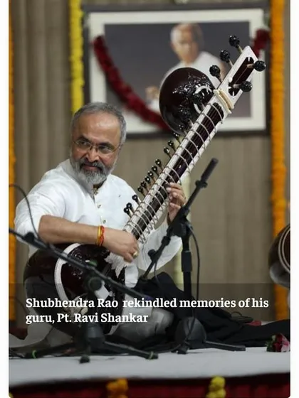 A photo from a review of my performance at the Saptak music festival. It is humbling to read that my music rekindled memories of my guru, Pt. Ravi Shankar.