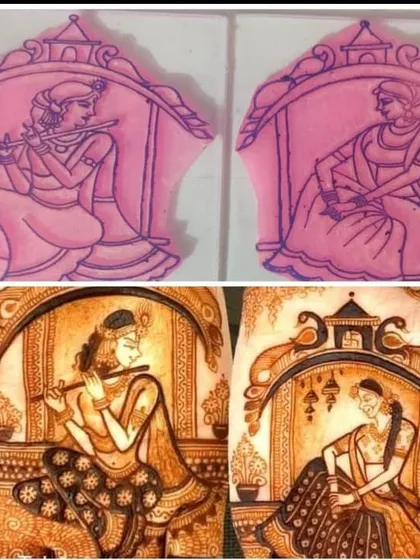 This image shows my custom design process. I start with a detailed sketch based on your ideas, like this Radha Krishna concept, and then bring it to life with henna, ensuring the final art is exactly what you envisioned.