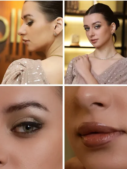 This collage details a complete look, from the elegant profile and full portrait to close-ups of the intricate eye makeup and glossy lips. It demonstrates our attention to every detail in creating a cohesive and stunning final result.