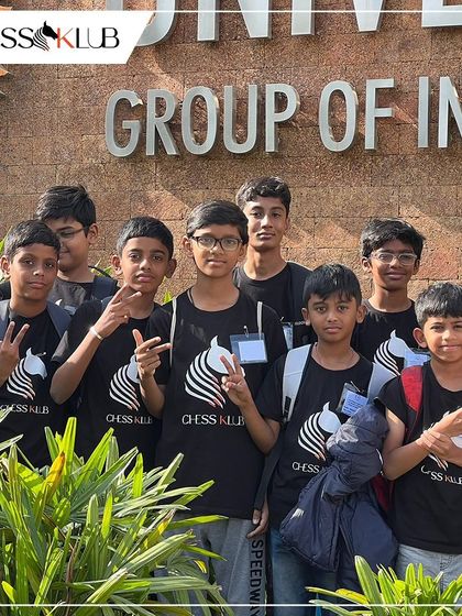 Our team posing outside the Universal Group of Institutions before a tournament. We encourage our students to support each other and represent ChessKlub with pride and unity.