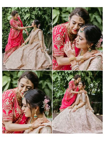 A heartwarming collage of the bride sharing tender moments with her mother before the wedding ceremony, a beautiful part of their story.