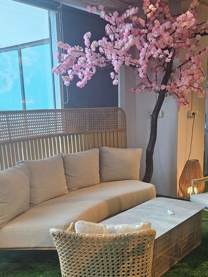 A high-back sofa with a cane-like weave, paired with a simple coffee table. This set creates an elegant and comfortable seating area, complemented by a decorative cherry blossom tree.