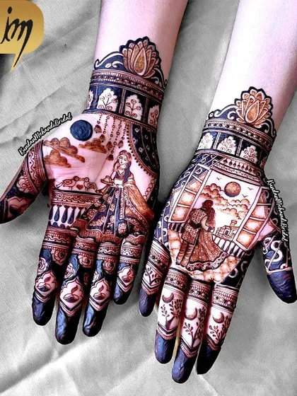 Both hands of a detailed Karwa Chauth design, showing how two separate images can come together to tell one complete story.