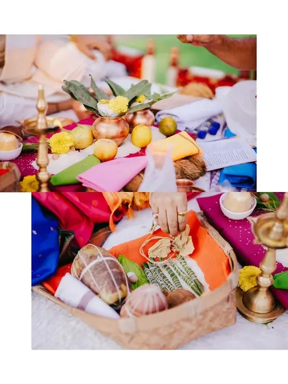 A detail shot of the colorful items and offerings used in a traditional Hindu wedding puja, showcasing the richness of the ceremony.