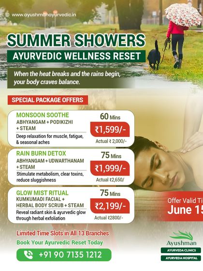 As the summer showers begin, your body craves balance. Our Ayurvedic Wellness Reset packages, like the 'Monsoon Soothe' and 'Rain Burn Detox', are specifically designed to address seasonal fatigue, muscle aches, and sluggishness with therapies like Abhyangam, Podikizhi, and Udwarthanam.
