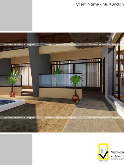 A view from the poolside deck looking towards the rooms. The glass railings and open-plan design ensure that the view of the pool and landscape is never obstructed.
