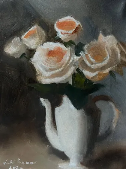 Another small study of roses in a white teapot, done in oil on linen. These small studies are wonderful for understanding value and chroma.