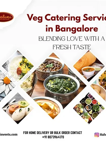 Blending love with a fresh taste, our catering services in Bangalore offer a wide variety of pure vegetarian dishes. This collage shows the breadth of our menu, from idlis and dosas to curries and sweets.