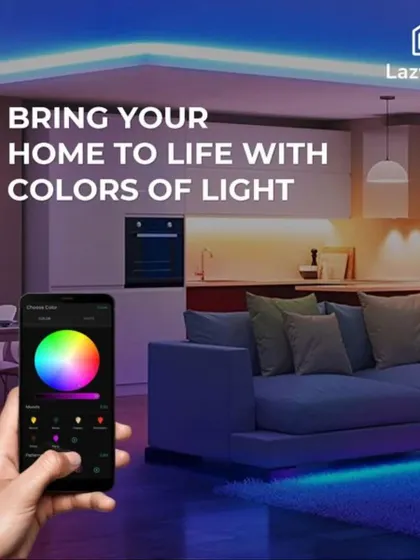 Bring your home to life with colors of light. This graphic shows a living room bathed in multiple colors, all being controlled from a smartphone.