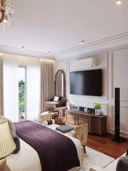 The room includes a functional and elegant vanity table and a media unit, blending classic aesthetics with modern needs.