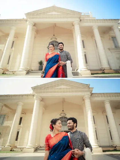 A grand, low-angle shot of the couple standing before a beautiful building. The top photo captures the scale of the architecture, while the bottom one focuses on their loving gaze.