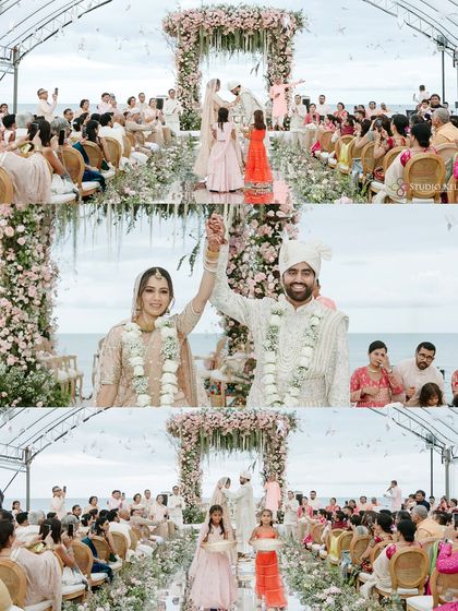 A collage showcasing the joy of a beach wedding in Thailand, with guests showering the couple with petals and the couple celebrating their union.