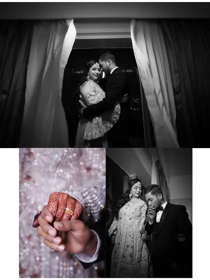 A collage of romantic moments. These black and white photos capture the intimate and happy connection between the bride and groom.