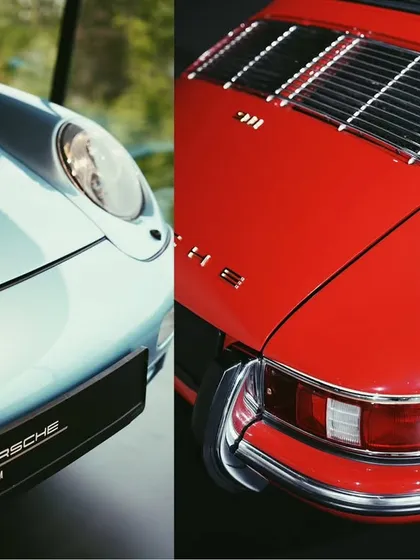 A tale of two Porsches. I contrasted the modern curves of a silver Porsche 911 with the classic rear design of a vintage red model, showing the evolution of an iconic brand.